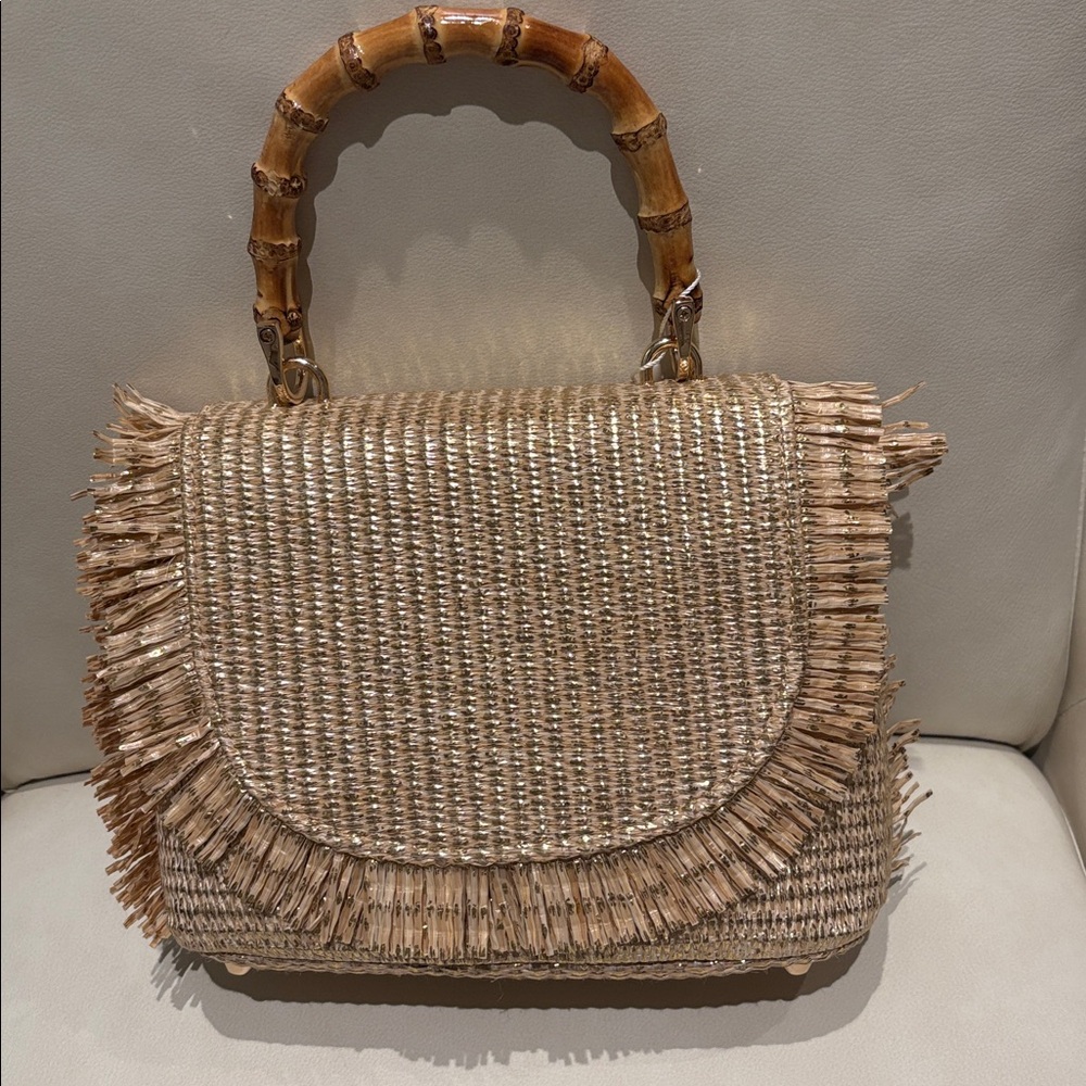 NWT Tommy Bahama Woven Straw Fringe Satchel with Bamboo Handle - Natural & gold